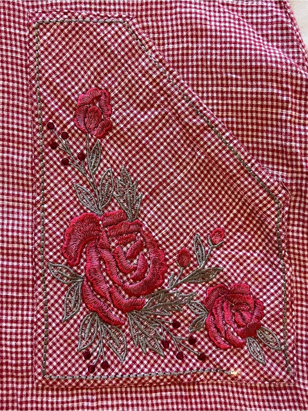 Bombay Paisley Women's Red Midi Gingham Dress with Rose Embroidery Pockets XS - Picture 10 of 16
